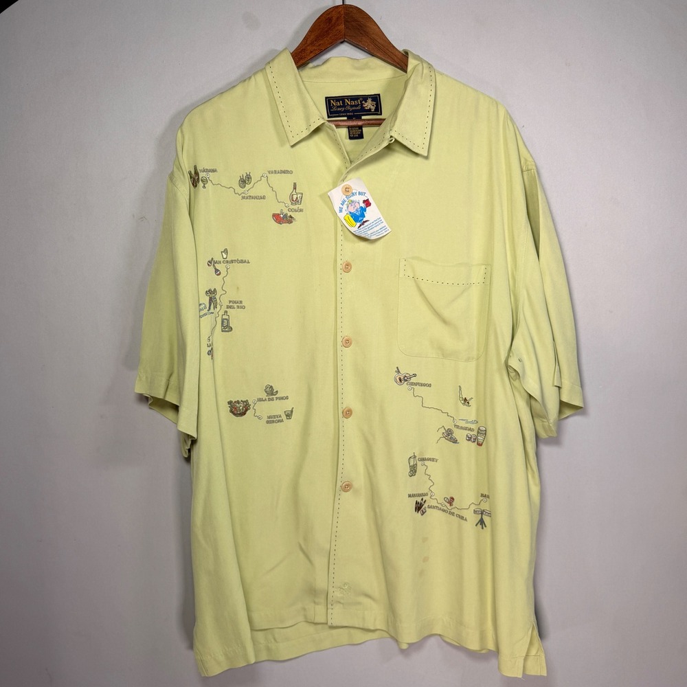 Vtg Nat Nast Silk Shirt Embroidered Mens XL Camp Collar Button Luxury Mi Mojito